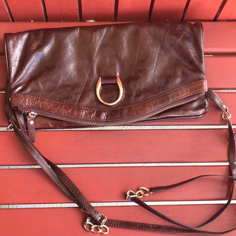 Johnson Charles purse brown leather gold zippers